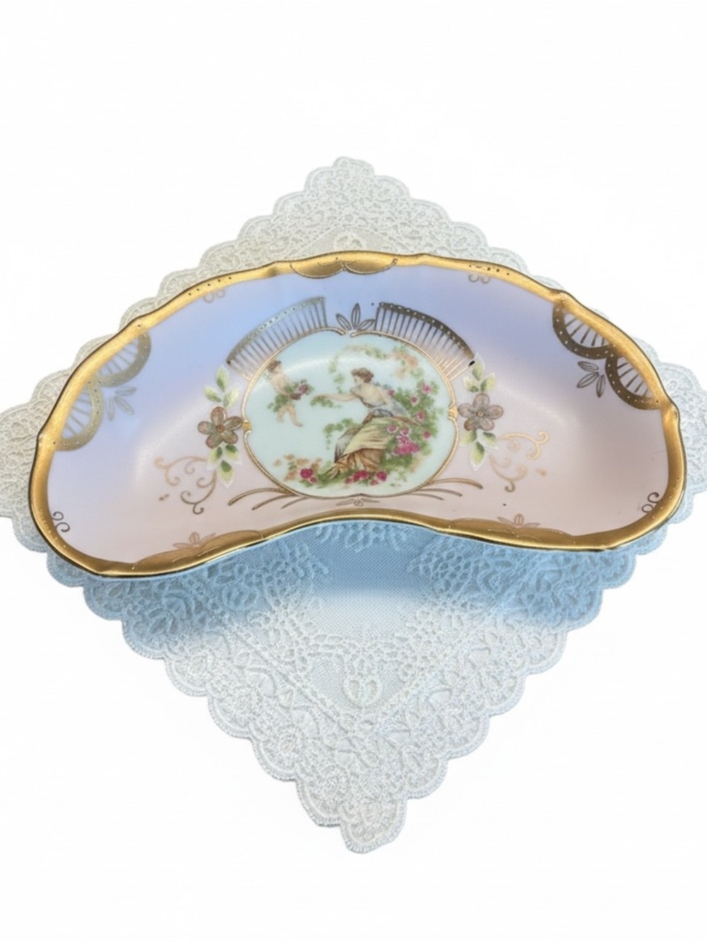 Vtg Ardalt Lenwile Bone China Crescent Trinket Dish Cherub Maiden Japan Pink